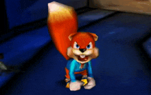 a cartoon squirrel in a blue jacket is standing on a blue floor