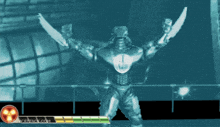 a video game screen shows a robot with arms outstretched and a red circle with the word attack on it