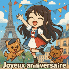 a cartoon illustration of a girl and two dogs with joyeux anniversaire written below