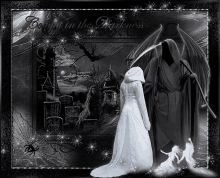 a grim reaper standing next to a woman in a white dress with the words " brought in the darkness " on the bottom