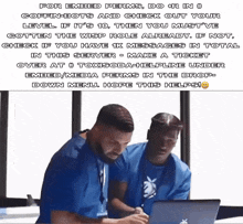 two men are looking at a laptop with a caption that says for embed perms