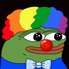 a green frog with a red nose and a rainbow wig