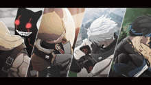 a group of anime characters are lined up in a row and one of them has the letter p on his chest