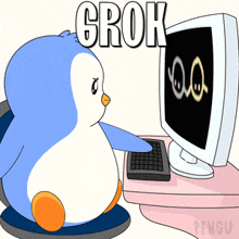 a penguin sitting in front of a computer with the words grok written above it
