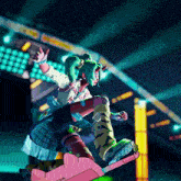 a girl with green hair and horns is riding a pink scooter