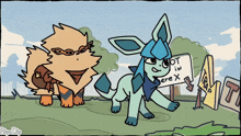 a cartoon of a dog and a pokemon holding a sign that says " got in here "