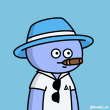 a cartoon character wearing a blue hat and sunglasses smoking a cigar