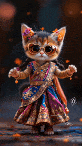 a kitten wearing a dress and sunglasses is standing on the floor .