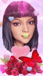 a woman with a heart in her mouth surrounded by pink roses and butterflies