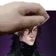 a pixel art of a man with long hair wearing a hat and scarf .