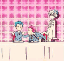 a group of cartoon characters are sitting at a table with a pink background .