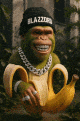 a green monkey wearing a black beanie and holding a banana with the word blazzard on it