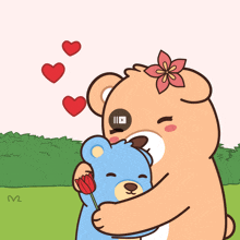 a cartoon of a teddy bear hugging a blue teddy bear