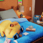 a cartoon character wearing sunglasses is laying on a bed with tissues