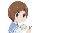 a girl with chopsticks is holding a bowl of rice