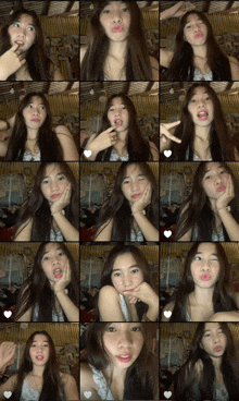 a collage of images of a woman making different faces with hearts in the middle