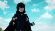 a woman in a black cape and mask stands in front of a cloudy sky