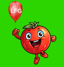 a cartoon tomato holding a red balloon with lfg written on it