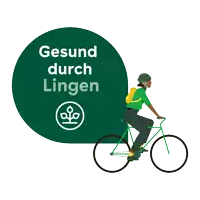 a person riding a bike with the words gesund durch lingen above them