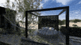 a computer generated image of a patio area with a pergola and trees in the background