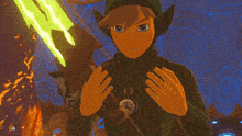 a video game scene with a circle of fire surrounded by leaves