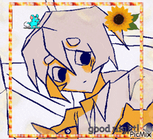 a drawing of a person with a mouse and a sunflower with the words good night picmix at the bottom