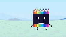 a cartoon drawing of a bunch of colored pencils with arms and legs
