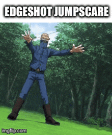 a man in a blue suit is jumping in the air with the words edgeshot jumpscare below him