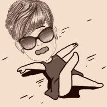 a cartoon of a woman wearing sunglasses and a black dress is falling down .