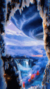 a painting of a waterfall with a purple sky in the background