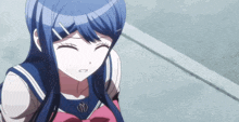 a girl with blue hair is wearing a school uniform with a n on it