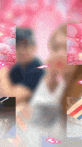 a blurry picture of a man and a woman with a pink background