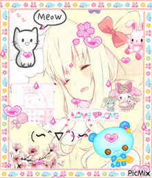 a picture of a girl with a speech bubble that says " meow "
