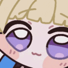 a close up of a cartoon character with purple eyes and a pink nose
