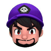 a cartoon character wearing a purple hat with a skull patch on it
