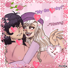 a picture of a man and a woman hugging with the words " my go baby " on the bottom