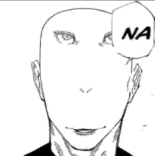 a black and white drawing of a man 's face with a speech bubble above it that says `` na '' .