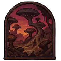 a pixel art painting of a landscape with mushrooms and trees