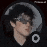 a man wearing sunglasses is in a black circle with a white circle in the middle .