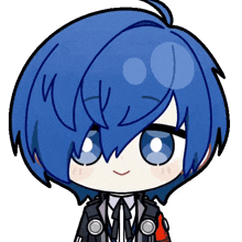 a cartoon drawing of a boy with blue hair and a red badge