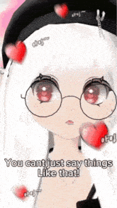 a girl with white hair and red eyes is wearing glasses and a hat .
