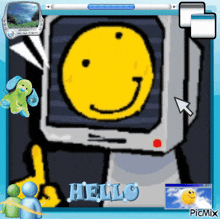 a computer screen with a smiley face and the words hello on the bottom