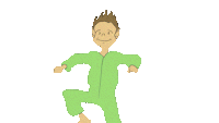 a pixel art drawing of a boy in a green shirt kicking