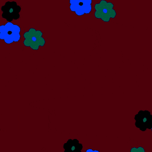 green and white writing on a maroon background with blue and green flowers