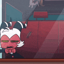 a cartoon character with horns and a bow tie is looking out a window