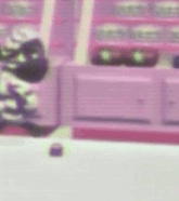 a purple background with a blurred image of a person standing in front of a building .