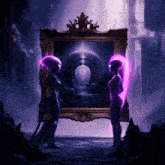 two purple aliens standing in front of a mirror