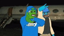 a cartoon of a frog wearing a blue hoodie with the word base on it