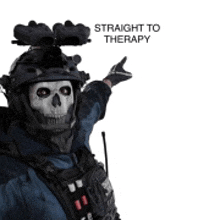 a skeleton wearing a helmet and gloves with the words straight to therapy below him