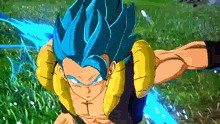 a cartoon character with blue hair and a yellow jacket is flying through the air .